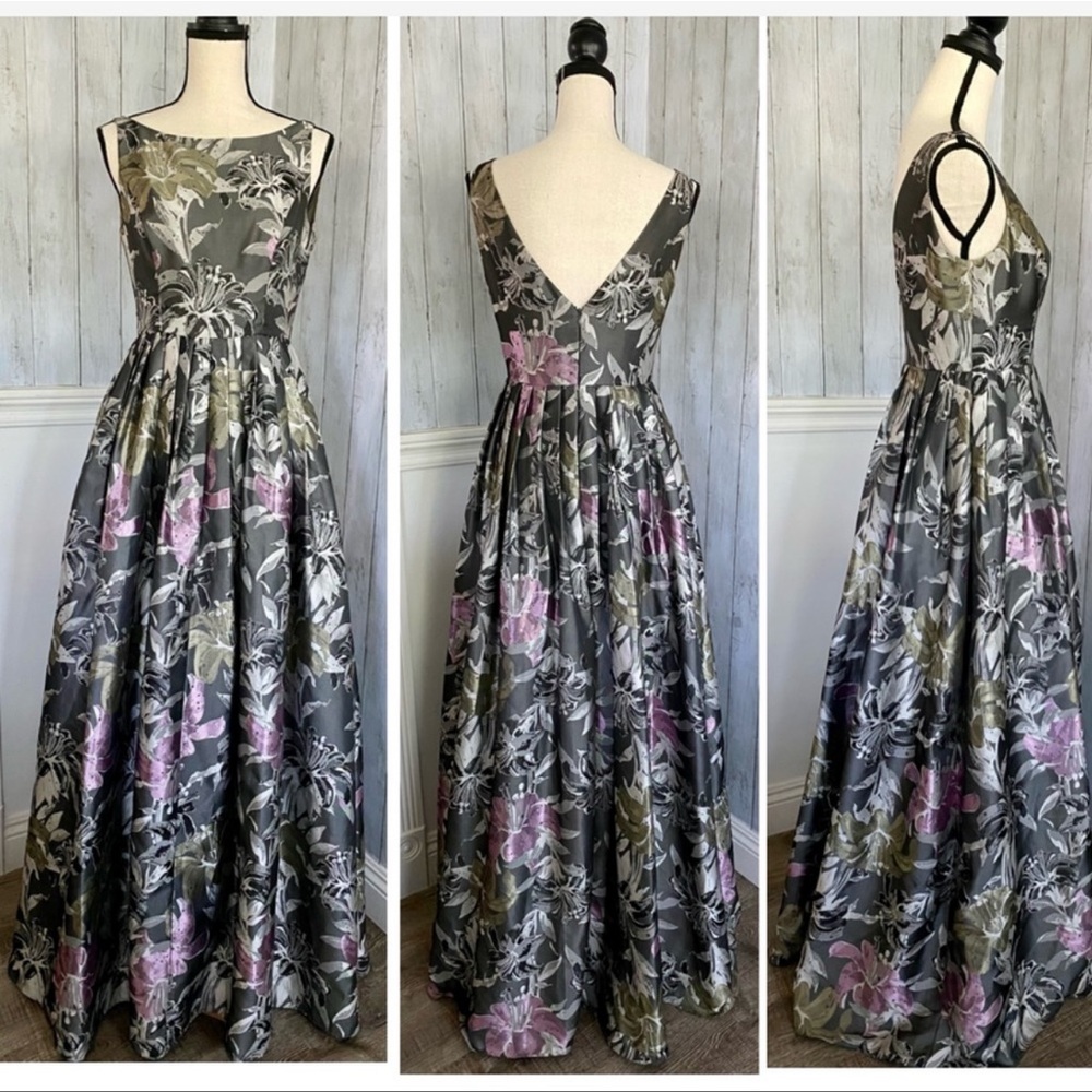 Adrianna-Papell floral sleeveless V-back long ball gown - Picture 1 of 13